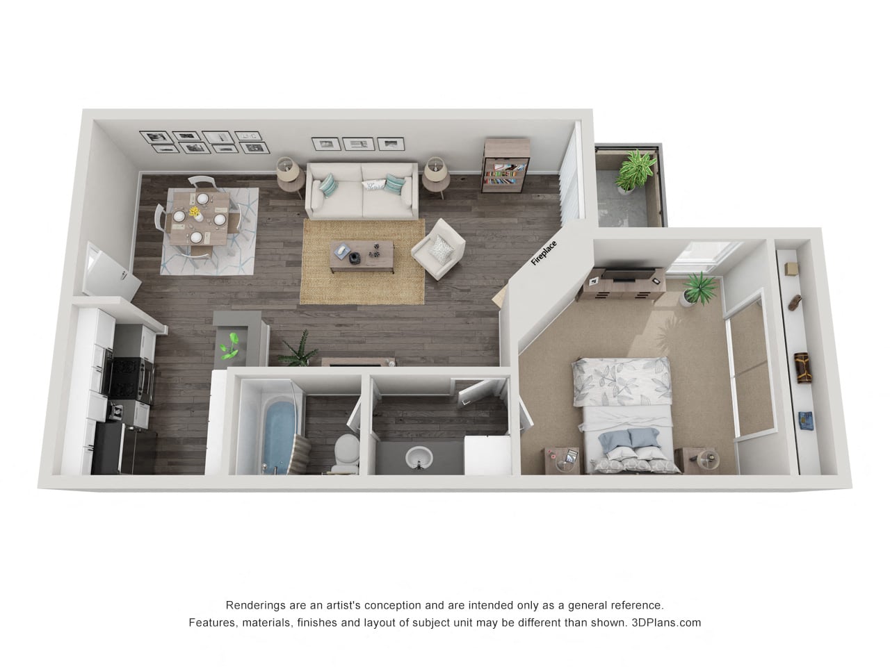 Floor plan for 1 bed, 1 bath, 700 sqft